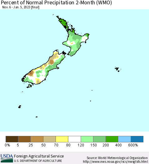 New Zealand Percent of Normal Precipitation 2-Month (WMO) Thematic Map For 11/6/2022 - 1/5/2023