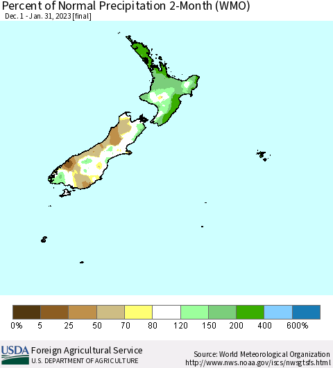 New Zealand Percent of Normal Precipitation 2-Month (WMO) Thematic Map For 12/1/2022 - 1/31/2023