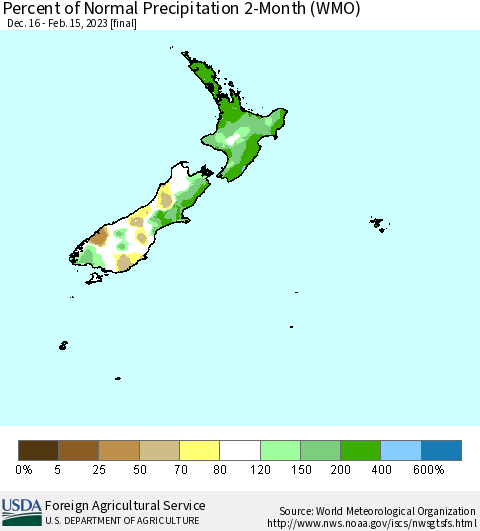 New Zealand Percent of Normal Precipitation 2-Month (WMO) Thematic Map For 12/16/2022 - 2/15/2023