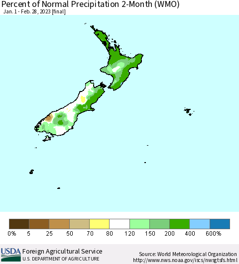 New Zealand Percent of Normal Precipitation 2-Month (WMO) Thematic Map For 1/1/2023 - 2/28/2023