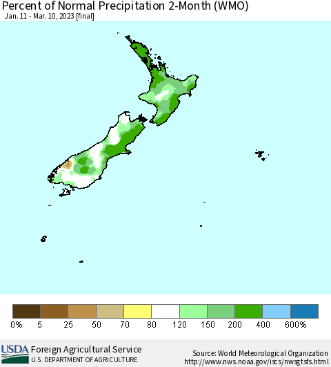 New Zealand Percent of Normal Precipitation 2-Month (WMO) Thematic Map For 1/11/2023 - 3/10/2023