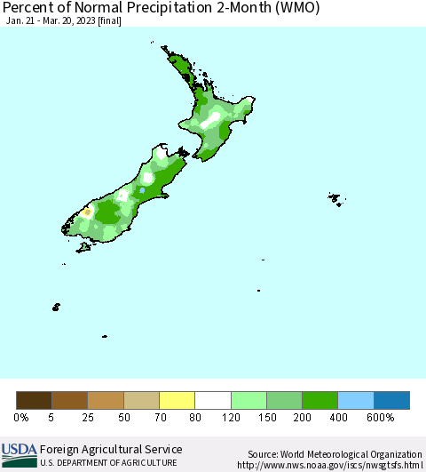 New Zealand Percent of Normal Precipitation 2-Month (WMO) Thematic Map For 1/21/2023 - 3/20/2023