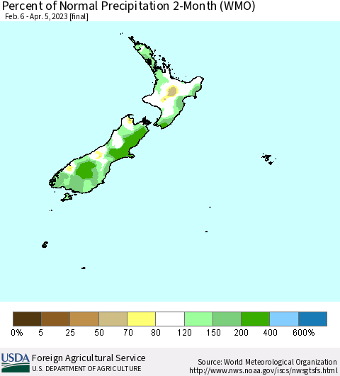 New Zealand Percent of Normal Precipitation 2-Month (WMO) Thematic Map For 2/6/2023 - 4/5/2023