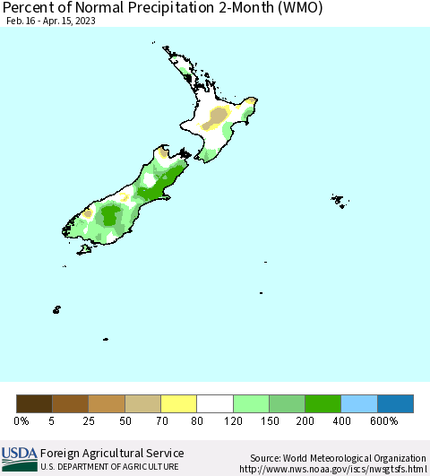 New Zealand Percent of Normal Precipitation 2-Month (WMO) Thematic Map For 2/16/2023 - 4/15/2023