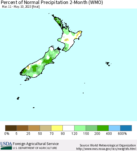 New Zealand Percent of Normal Precipitation 2-Month (WMO) Thematic Map For 3/11/2023 - 5/10/2023