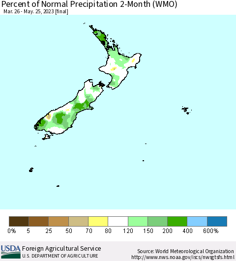 New Zealand Percent of Normal Precipitation 2-Month (WMO) Thematic Map For 3/26/2023 - 5/25/2023