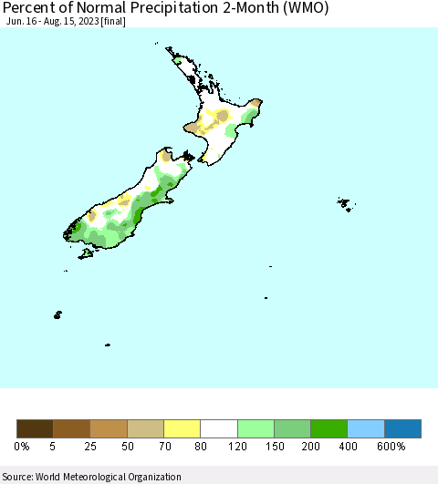 New Zealand Percent of Normal Precipitation 2-Month (WMO) Thematic Map For 6/16/2023 - 8/15/2023