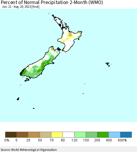 New Zealand Percent of Normal Precipitation 2-Month (WMO) Thematic Map For 6/21/2023 - 8/20/2023