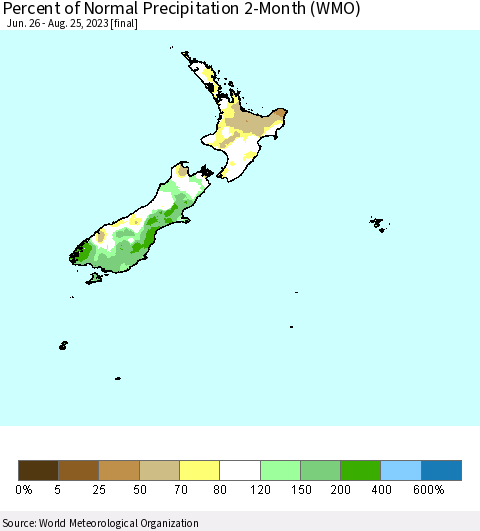 New Zealand Percent of Normal Precipitation 2-Month (WMO) Thematic Map For 6/26/2023 - 8/25/2023
