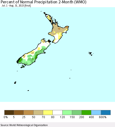 New Zealand Percent of Normal Precipitation 2-Month (WMO) Thematic Map For 7/1/2023 - 8/31/2023