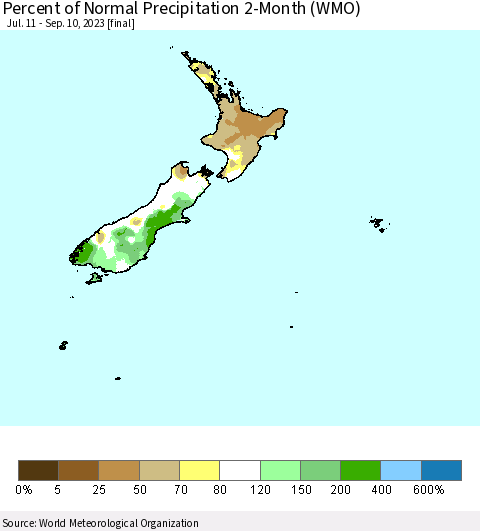 New Zealand Percent of Normal Precipitation 2-Month (WMO) Thematic Map For 7/11/2023 - 9/10/2023