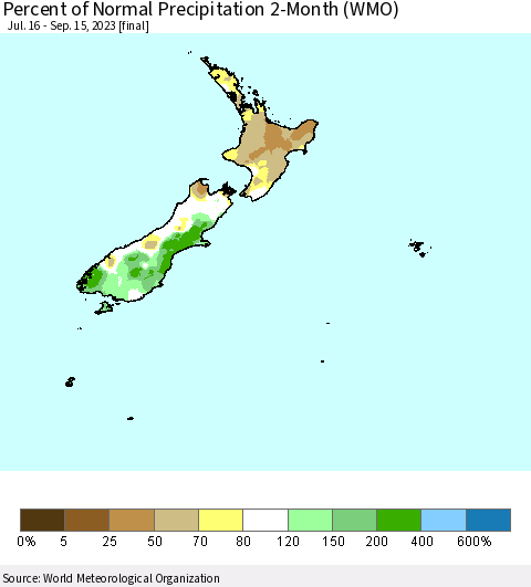 New Zealand Percent of Normal Precipitation 2-Month (WMO) Thematic Map For 7/16/2023 - 9/15/2023