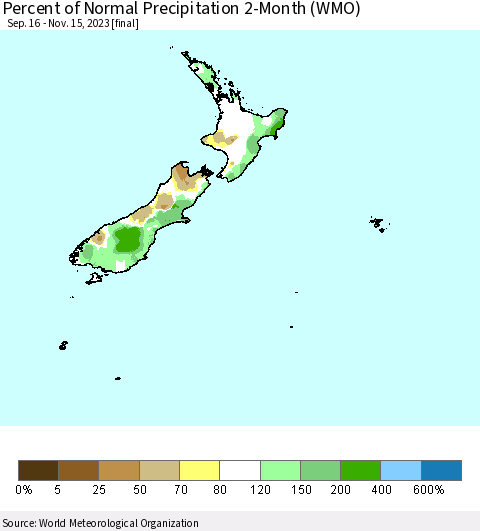New Zealand Percent of Normal Precipitation 2-Month (WMO) Thematic Map For 9/16/2023 - 11/15/2023