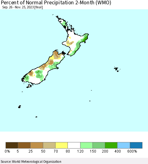New Zealand Percent of Normal Precipitation 2-Month (WMO) Thematic Map For 9/26/2023 - 11/25/2023