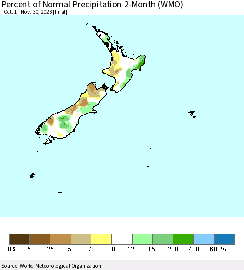 New Zealand Percent of Normal Precipitation 2-Month (WMO) Thematic Map For 10/1/2023 - 11/30/2023