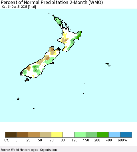 New Zealand Percent of Normal Precipitation 2-Month (WMO) Thematic Map For 10/6/2023 - 12/5/2023