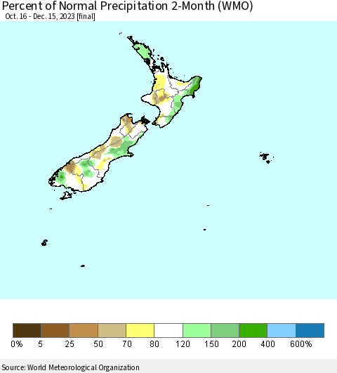 New Zealand Percent of Normal Precipitation 2-Month (WMO) Thematic Map For 10/16/2023 - 12/15/2023