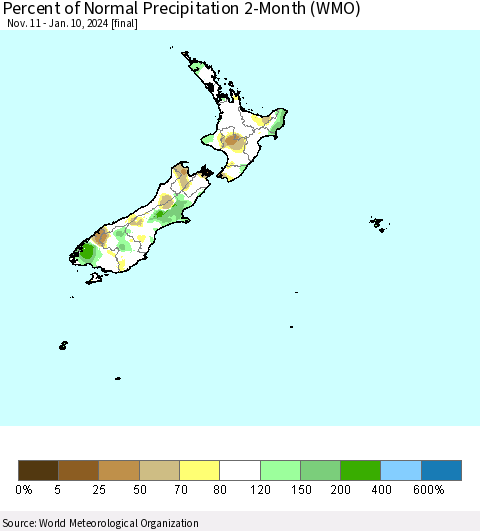 New Zealand Percent of Normal Precipitation 2-Month (WMO) Thematic Map For 11/11/2023 - 1/10/2024