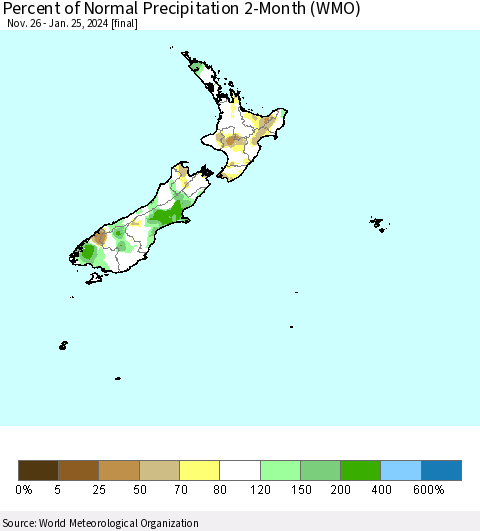 New Zealand Percent of Normal Precipitation 2-Month (WMO) Thematic Map For 11/26/2023 - 1/25/2024