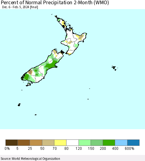 New Zealand Percent of Normal Precipitation 2-Month (WMO) Thematic Map For 12/6/2023 - 2/5/2024