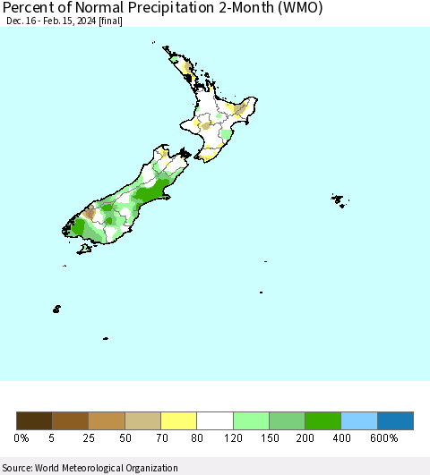 New Zealand Percent of Normal Precipitation 2-Month (WMO) Thematic Map For 12/16/2023 - 2/15/2024