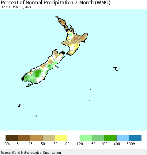 New Zealand Percent of Normal Precipitation 2-Month (WMO) Thematic Map For 2/1/2024 - 3/31/2024