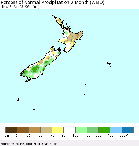 New Zealand Percent of Normal Precipitation 2-Month (WMO) Thematic Map For 2/16/2024 - 4/15/2024