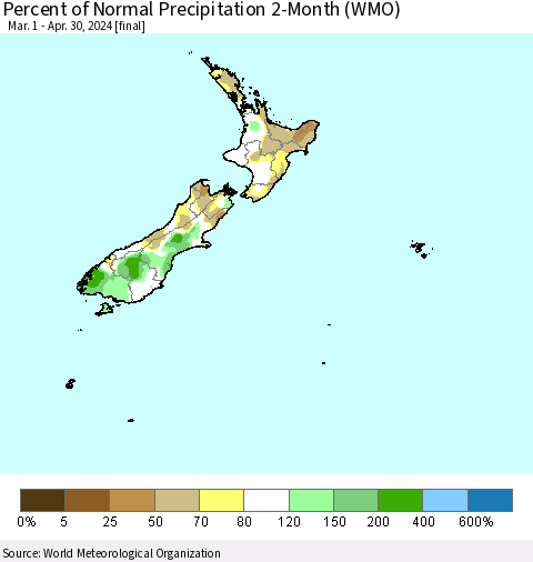 New Zealand Percent of Normal Precipitation 2-Month (WMO) Thematic Map For 3/1/2024 - 4/30/2024