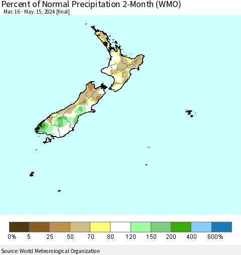 New Zealand Percent of Normal Precipitation 2-Month (WMO) Thematic Map For 3/16/2024 - 5/15/2024