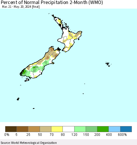 New Zealand Percent of Normal Precipitation 2-Month (WMO) Thematic Map For 3/21/2024 - 5/20/2024
