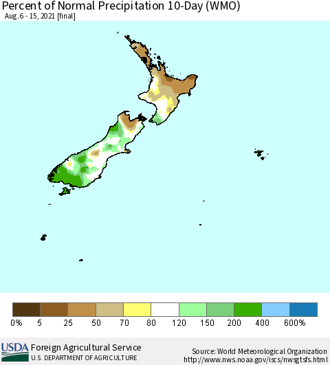 New Zealand Percent of Normal Precipitation 10-Day (WMO) Thematic Map For 8/6/2021 - 8/15/2021