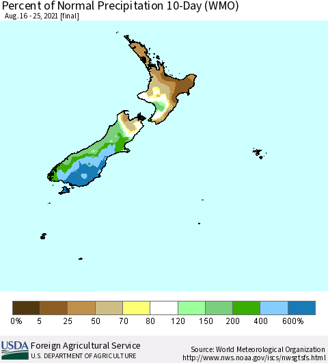 New Zealand Percent of Normal Precipitation 10-Day (WMO) Thematic Map For 8/16/2021 - 8/25/2021