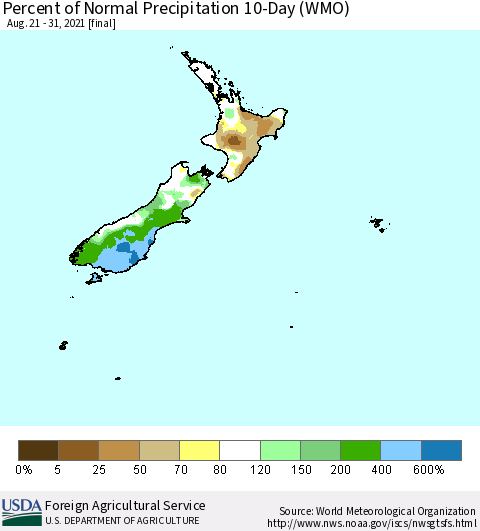 New Zealand Percent of Normal Precipitation 10-Day (WMO) Thematic Map For 8/21/2021 - 8/31/2021