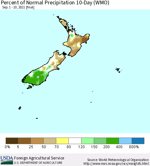 New Zealand Percent of Normal Precipitation 10-Day (WMO) Thematic Map For 9/1/2021 - 9/10/2021