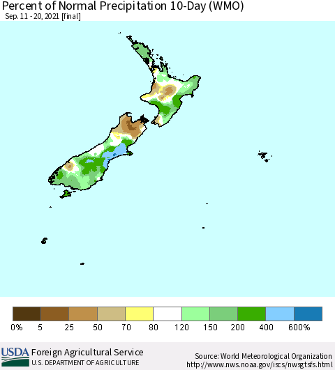 New Zealand Percent of Normal Precipitation 10-Day (WMO) Thematic Map For 9/11/2021 - 9/20/2021