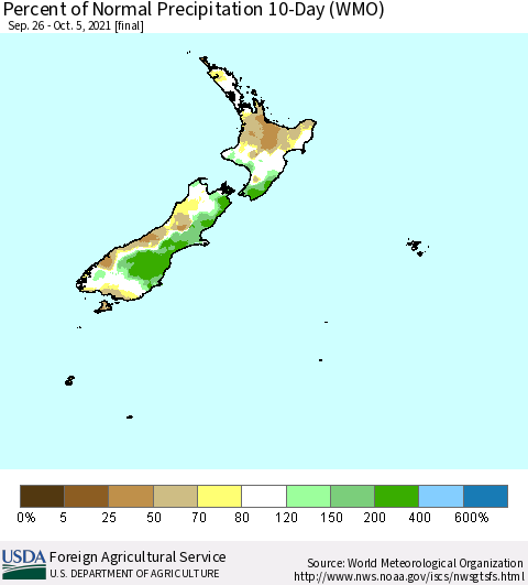 New Zealand Percent of Normal Precipitation 10-Day (WMO) Thematic Map For 9/26/2021 - 10/5/2021