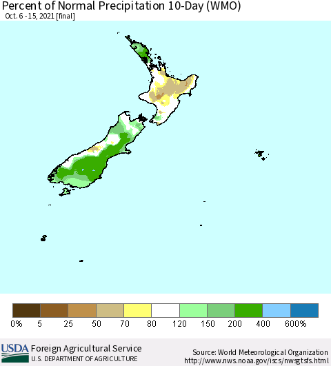 New Zealand Percent of Normal Precipitation 10-Day (WMO) Thematic Map For 10/6/2021 - 10/15/2021