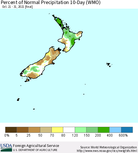 New Zealand Percent of Normal Precipitation 10-Day (WMO) Thematic Map For 10/21/2021 - 10/31/2021