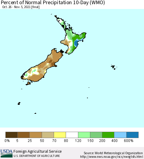 New Zealand Percent of Normal Precipitation 10-Day (WMO) Thematic Map For 10/26/2021 - 11/5/2021