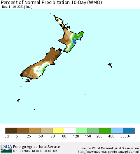 New Zealand Percent of Normal Precipitation 10-Day (WMO) Thematic Map For 11/1/2021 - 11/10/2021