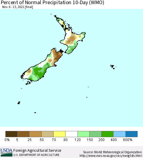 New Zealand Percent of Normal Precipitation 10-Day (WMO) Thematic Map For 11/6/2021 - 11/15/2021