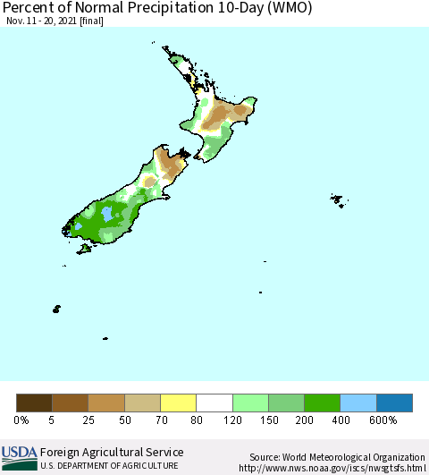 New Zealand Percent of Normal Precipitation 10-Day (WMO) Thematic Map For 11/11/2021 - 11/20/2021