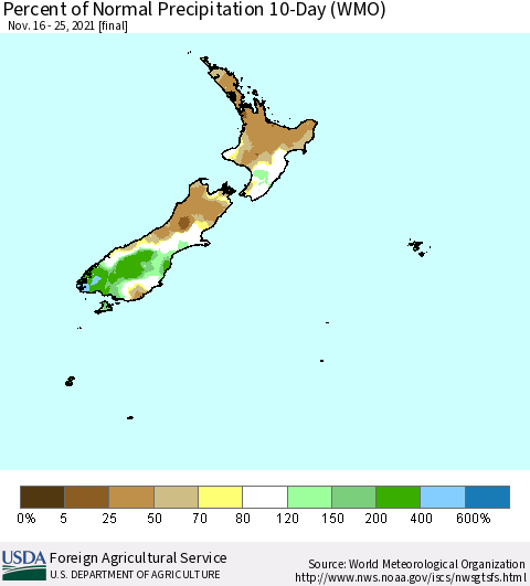 New Zealand Percent of Normal Precipitation 10-Day (WMO) Thematic Map For 11/16/2021 - 11/25/2021
