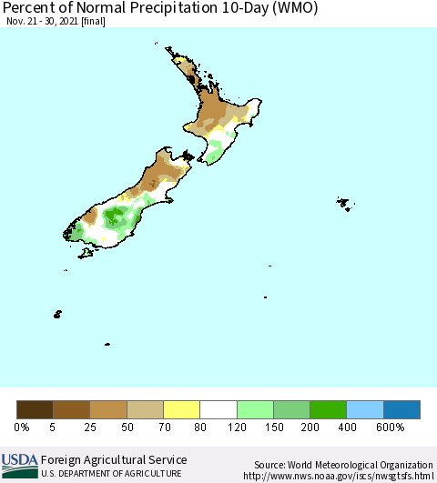 New Zealand Percent of Normal Precipitation 10-Day (WMO) Thematic Map For 11/21/2021 - 11/30/2021