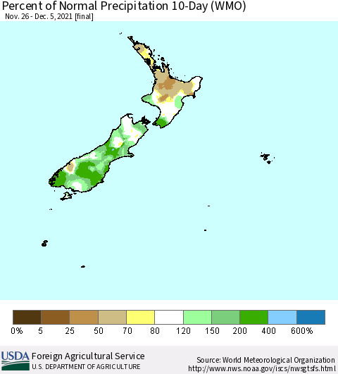 New Zealand Percent of Normal Precipitation 10-Day (WMO) Thematic Map For 11/26/2021 - 12/5/2021