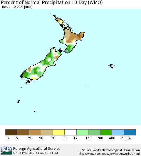 New Zealand Percent of Normal Precipitation 10-Day (WMO) Thematic Map For 12/1/2021 - 12/10/2021