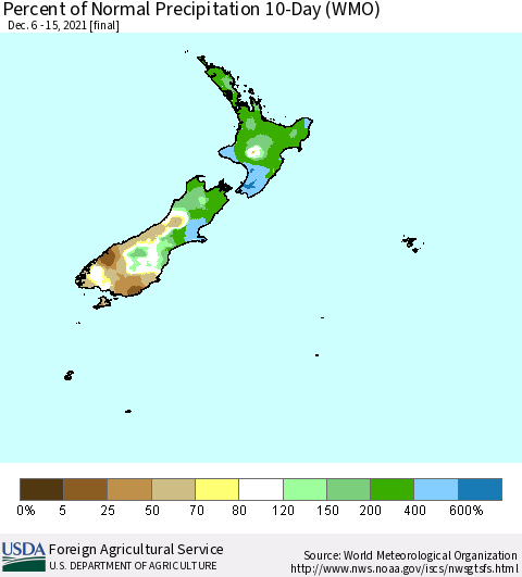 New Zealand Percent of Normal Precipitation 10-Day (WMO) Thematic Map For 12/6/2021 - 12/15/2021