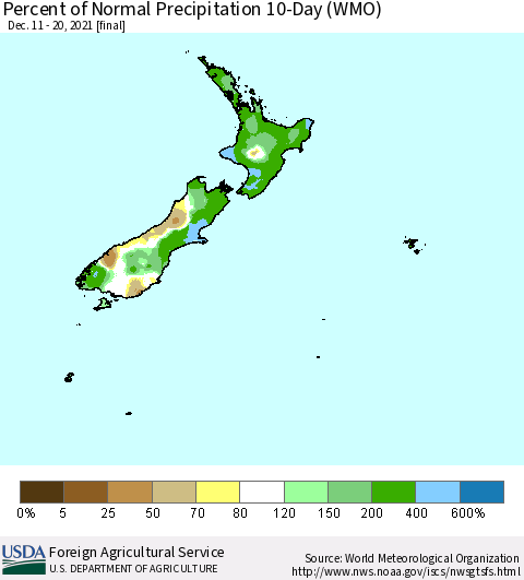 New Zealand Percent of Normal Precipitation 10-Day (WMO) Thematic Map For 12/11/2021 - 12/20/2021