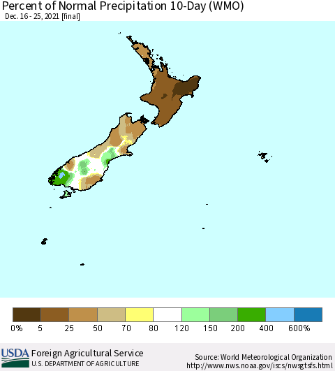 New Zealand Percent of Normal Precipitation 10-Day (WMO) Thematic Map For 12/16/2021 - 12/25/2021