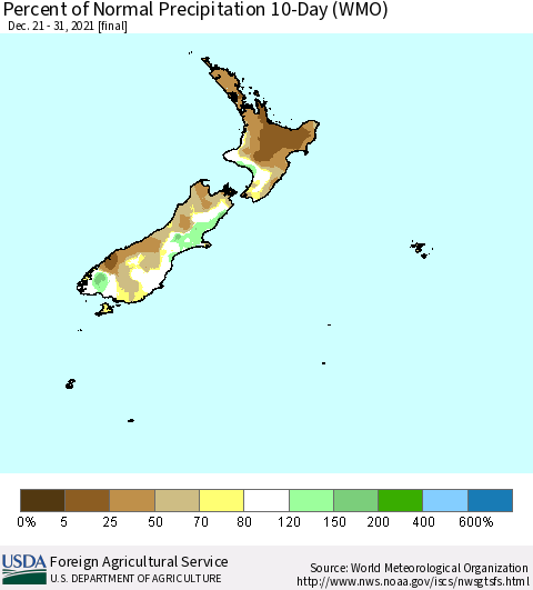 New Zealand Percent of Normal Precipitation 10-Day (WMO) Thematic Map For 12/21/2021 - 12/31/2021